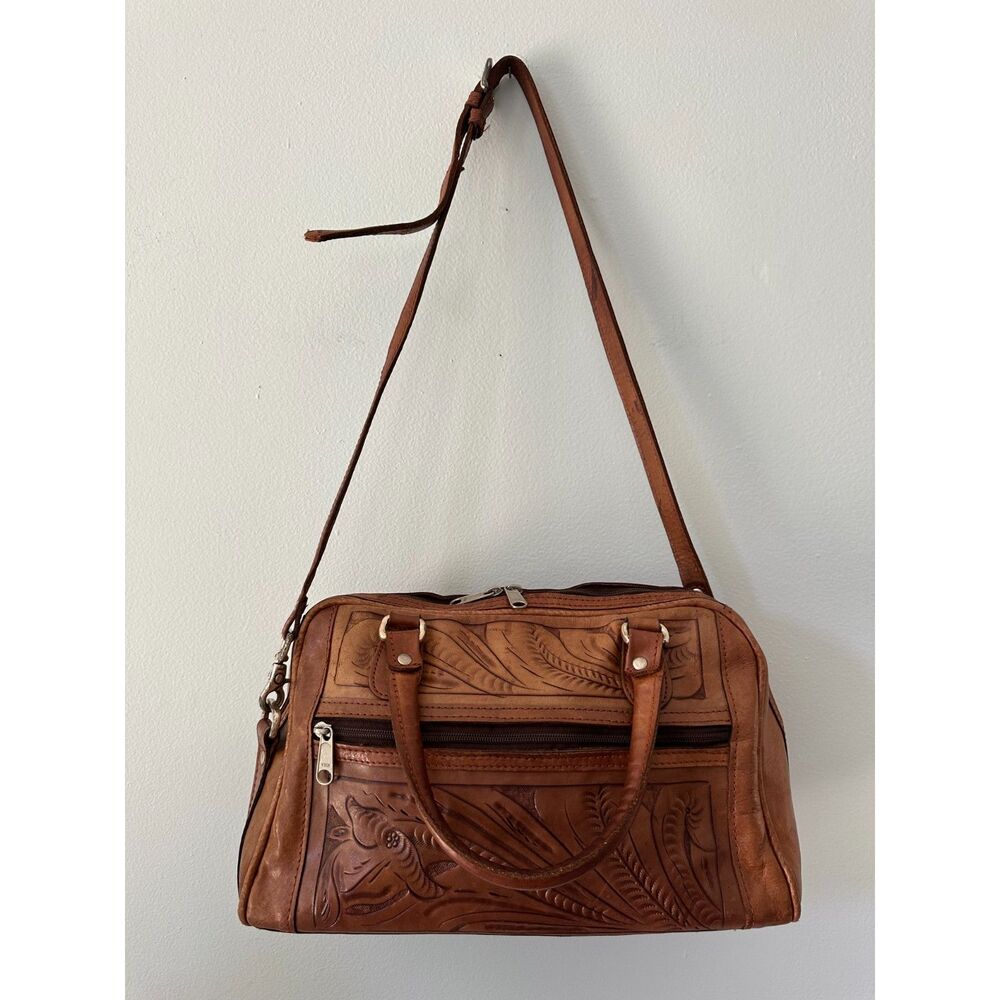 Vintage Hand Tooled Leather Satchel Bag Western Tooled Crossbody Purse Brown - Picture 3 of 16